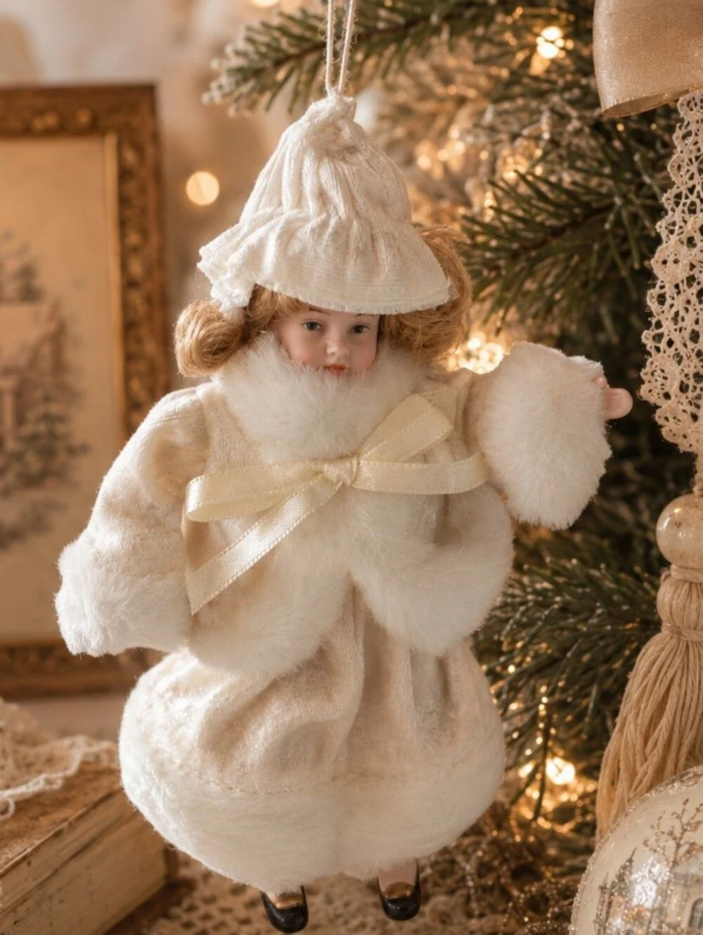 Cottagecore Victorian Winter Girl Ornament Porcelain Christmas Tree Decor